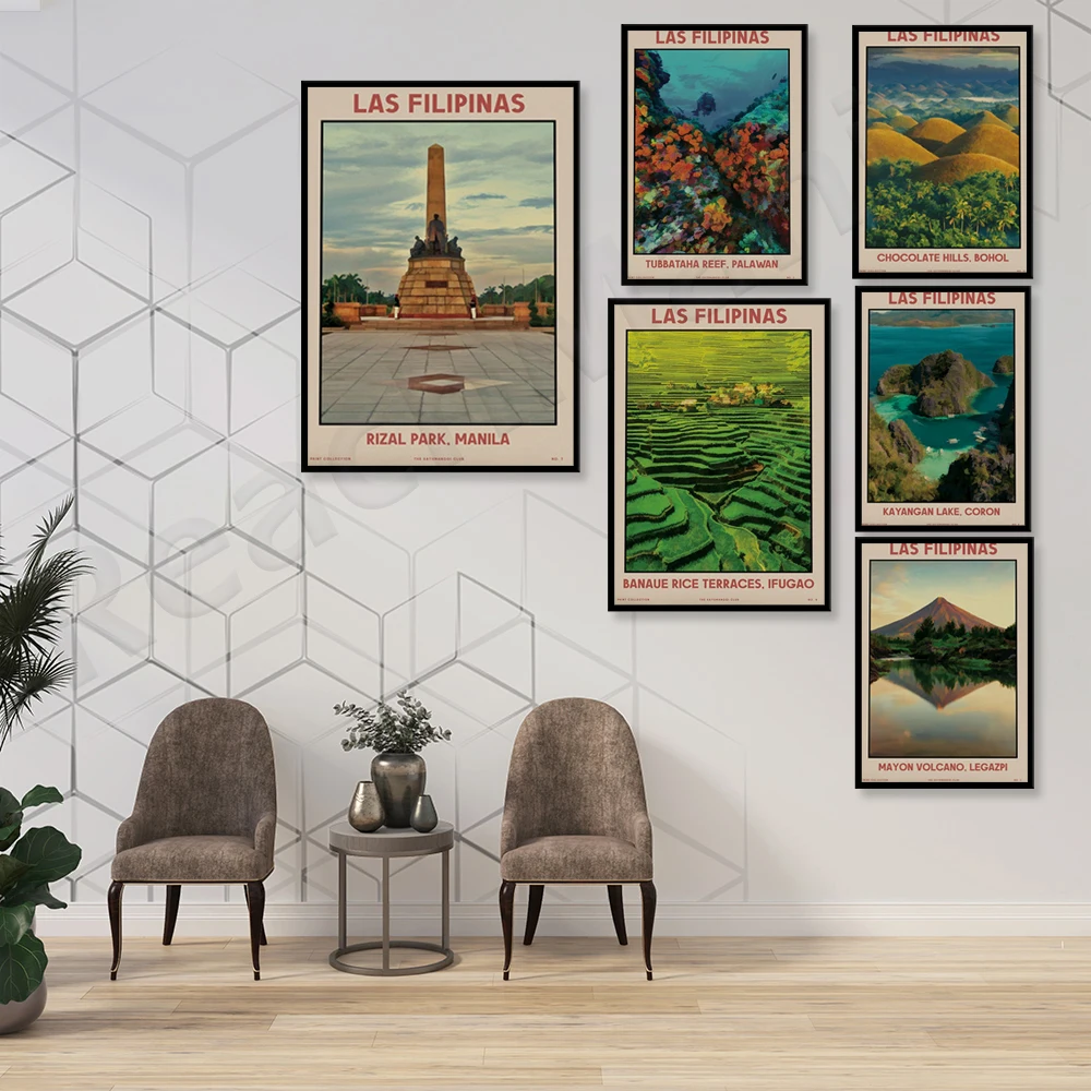 Philippine travel wall art, Banaue Terraces, Manila, Chocolate Hills, Chuanshan Waterfall, Cebu, Bohol White Beach, Boracay Isla