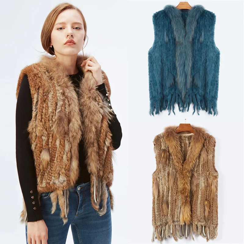 

Genuine Natural Rabbit Fur Vest With Raccoon Fur Collar Women Party Waistcoat jackets knitted Outwear Lady Fashion Vest Tassels