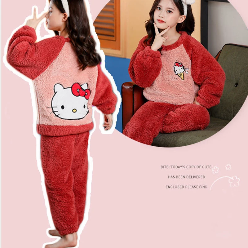 Hello Kitty cartoon autumn and winter children pajamas girls Plush thickened Plush cute baby warm home clothes set