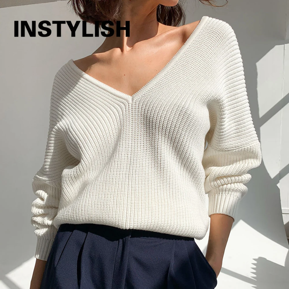 Women Oversized Sweater Elegant Double V Neck Batwing Sleeve Loose Pullover Thick Knitted Pullover Casual Solid Jumper Tops