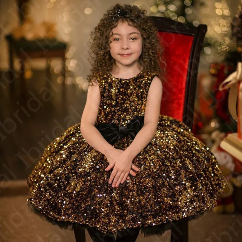 Vestido corto con lentejuelas doradas para niña, traje de fiesta con flores, longitud hasta la rodilla, cuello de Joya, ropa Formal sin mangas