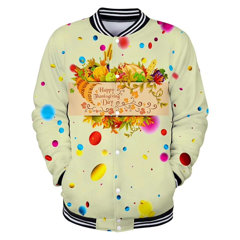 Chaqueta de béisbol 3d con capucha para hombre y mujer, prenda deportiva de manga larga con estampado de Feliz Día de Acción de Gracias, a la moda