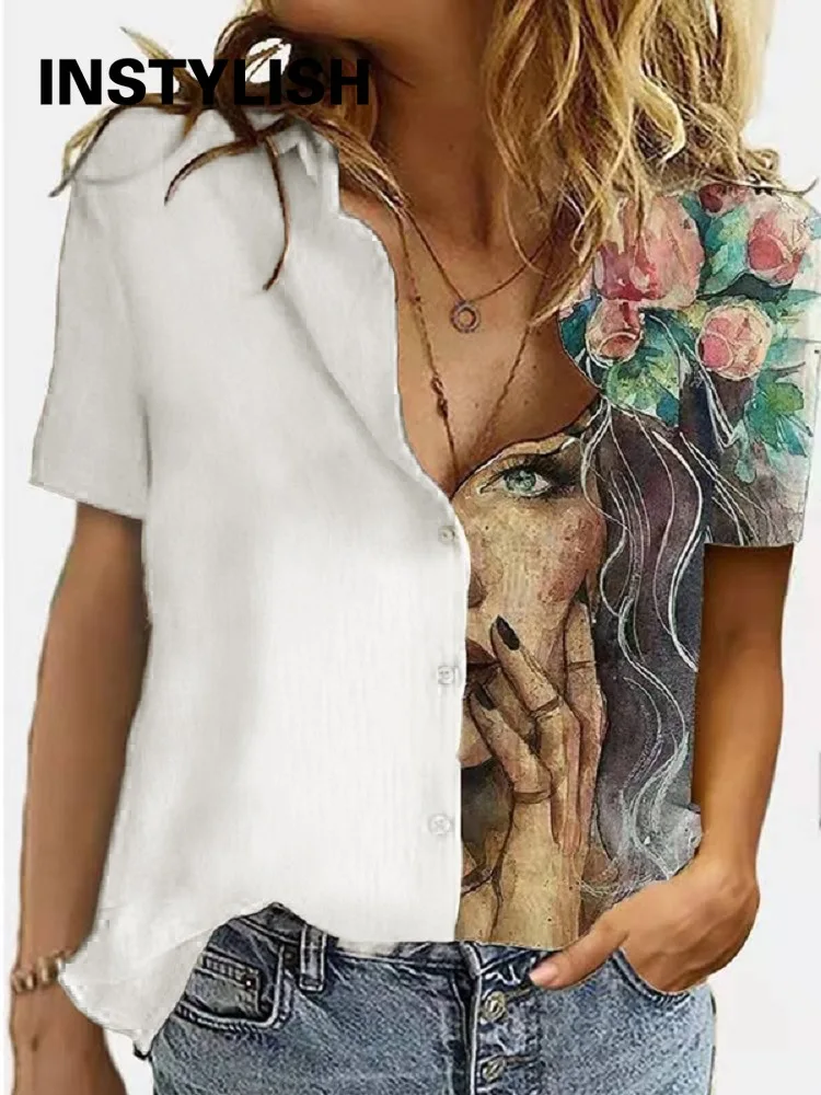 Elegant Cartoon Printing Patchwork Blouses and Shirts Casual Long Sleeve Loose Cotton and Linen Oversized Tops Casual Tunic 2XL