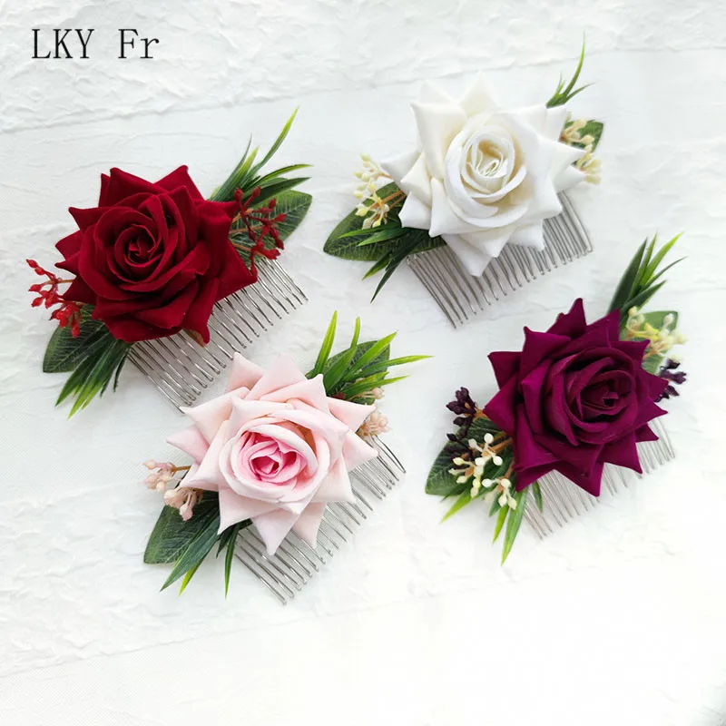 Lky fr enfeites de cabelo para noiva, acessórios de casamento floral, pentes para cabeça, flores, artificiais, vermelhas, damas de honra, decoração de festa