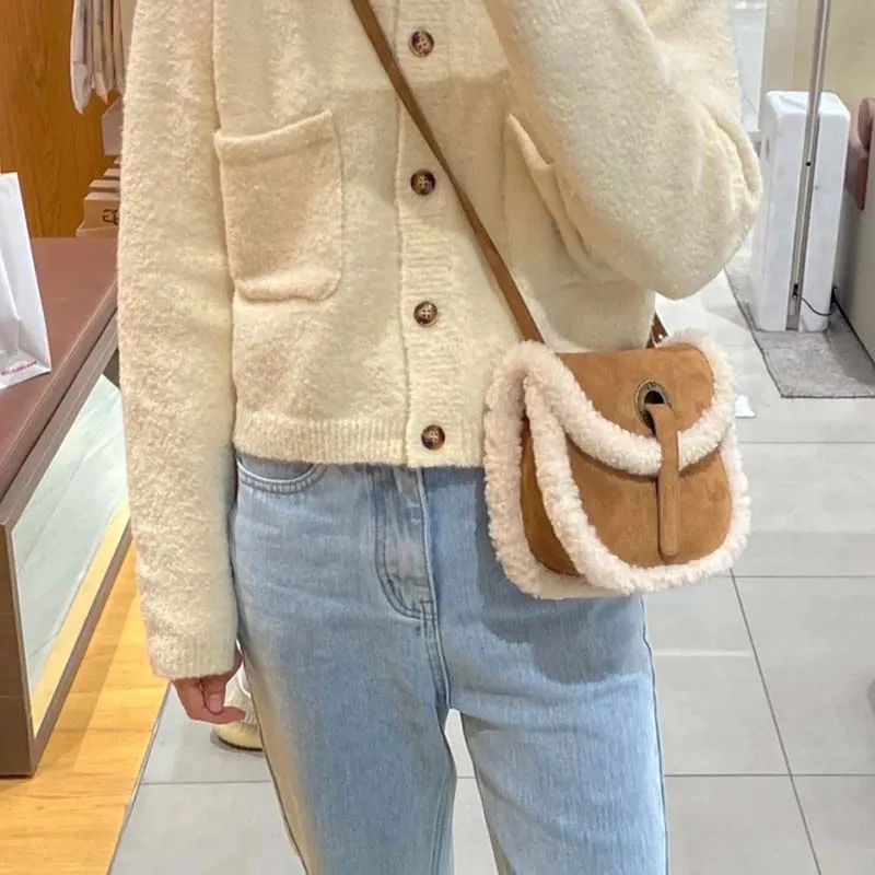 Natural Cowskin Leather With Wool Retro Women Handbags Top Quality Girls Cross Shoulder Bag Small Designer Simple Crossbody Bag