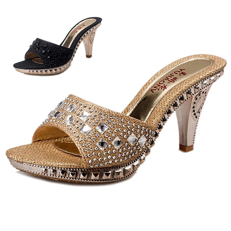 Sandalias de tacón alto puntiagudas de Color sólido para mujer, zapatos de fiesta de cristal Sexy, sandalias de Punta abierta doradas, venta al por mayor 41