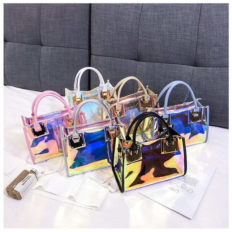 Women Shiny Charming Holographic Handbag Crossbody Shoulder Bag Transparent Colorful Rainbow Laser Purses Clear Jelly Bag 2021