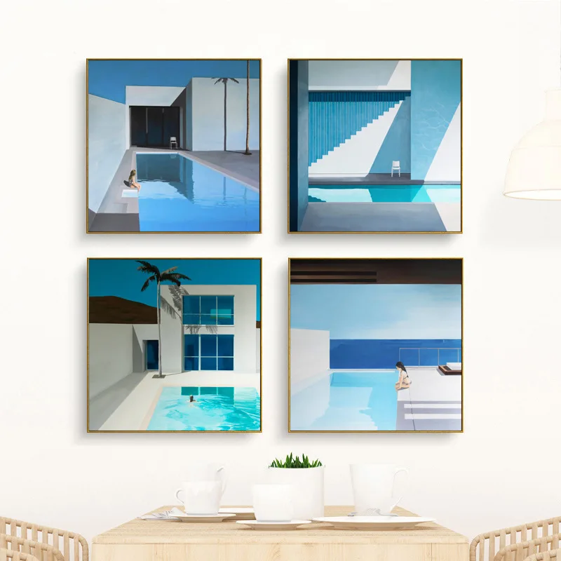 Simple Blue Mediterranean Resort Sport Style Pool Modern Decorative Canvas Wall Art Poster for Office Home Hotel Decor