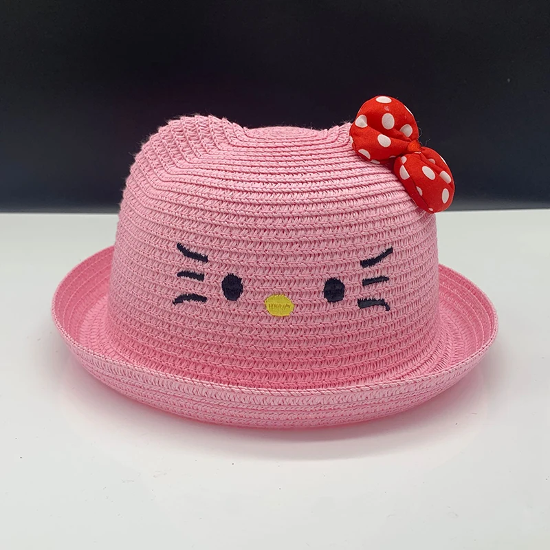 Children girl summer straw sun hat cartoon cat embroidery beach hat kids cute baby Visor cap