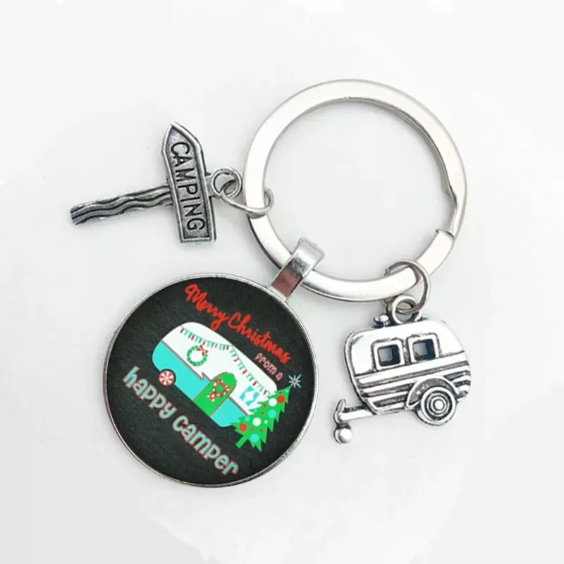 Happy Camping Cute Caravan I Camping Car Key Road Sign Keychain Glass Cabochon Traveler Hobby Keychain Goddess Charm Wholesale