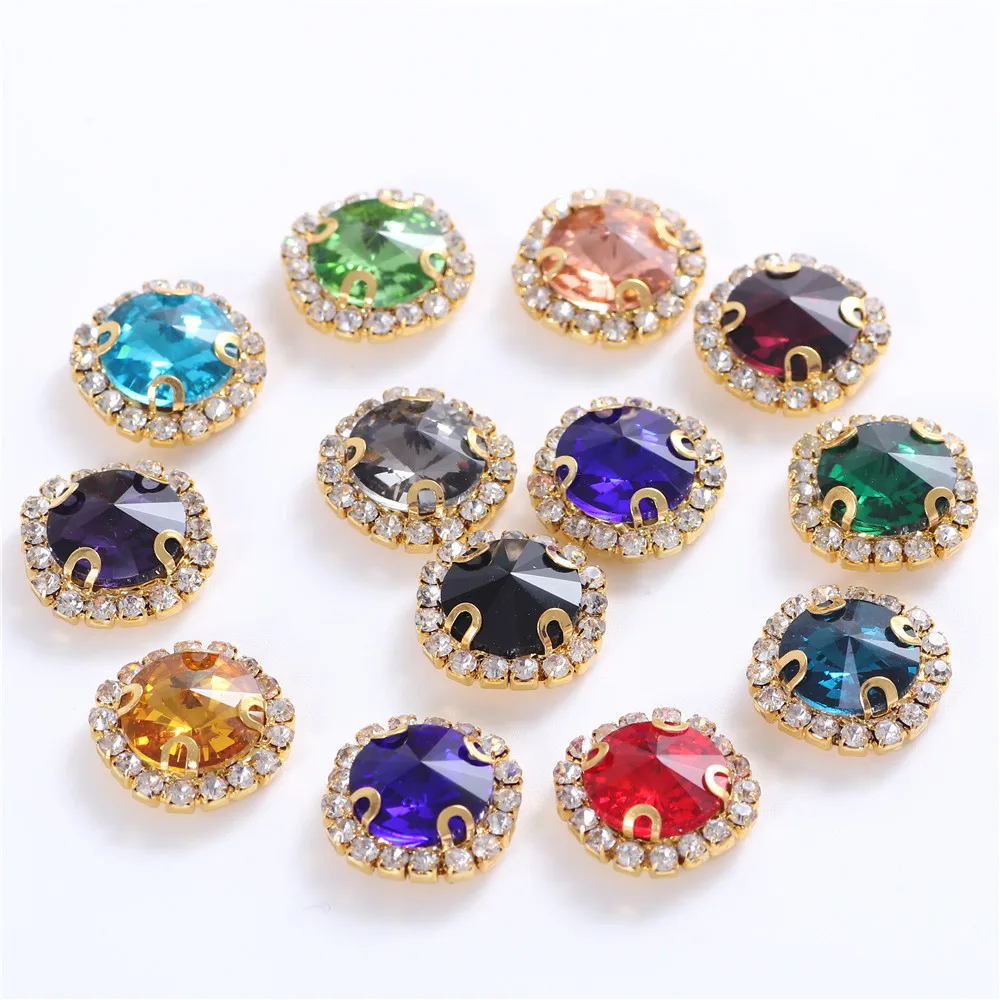 New 10pcs Colorful Round Glass Sew on Rhinestones With Golden Lace Claw Sewing Crystal Flatback Red Rhinestone For Needlework