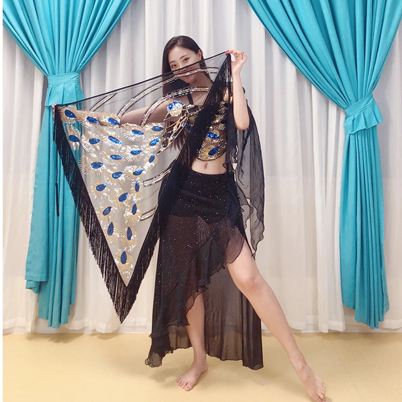 Women Belly Dance Clothes Black Mesh Base Long Fringes Sequins Belt Tribal Hip Scarf Peafowl Design Wrap Skirt