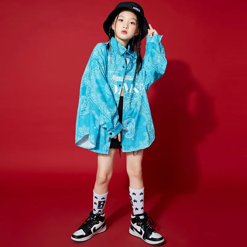 Kid Cool Kpop Hip Hop Clothing Print Oversize Shirt Crop Tank Top Black Washed Jeans Shorts for Girls Jazz Dance Costume Clothes