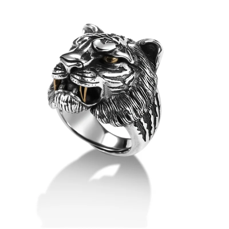 2021 Retro Punk Personality Tiger Head Ring for Men Stainless Steel Good Detail Animal Hip Hop Creative Jewelry for Men