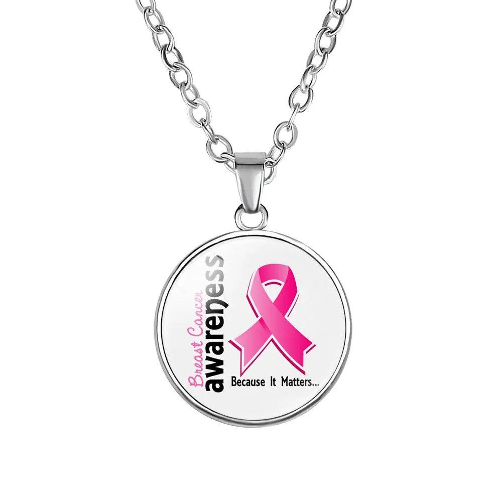 Women Breast Cancer Awareness Hope necklaces For Girls Pink Ribbon Glass Cabochon Pendant Fashion Jewelry Gift