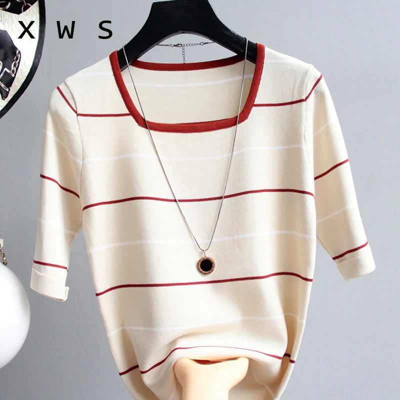 summer Knitted Women Sweater short Sleeves Loose casual Jumper Top square collar Female Sweater striped thin sweater oversize