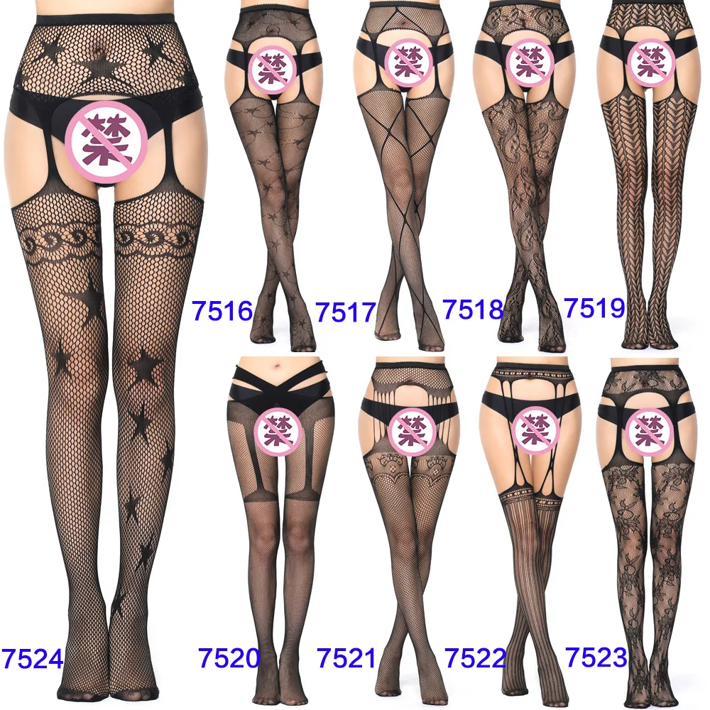 Women Sexy Lingerie Hollow Out Tights Lace Stockings Female Thigh High Fishnet Embroidery Transparent Pantyhose Stripe Stockings