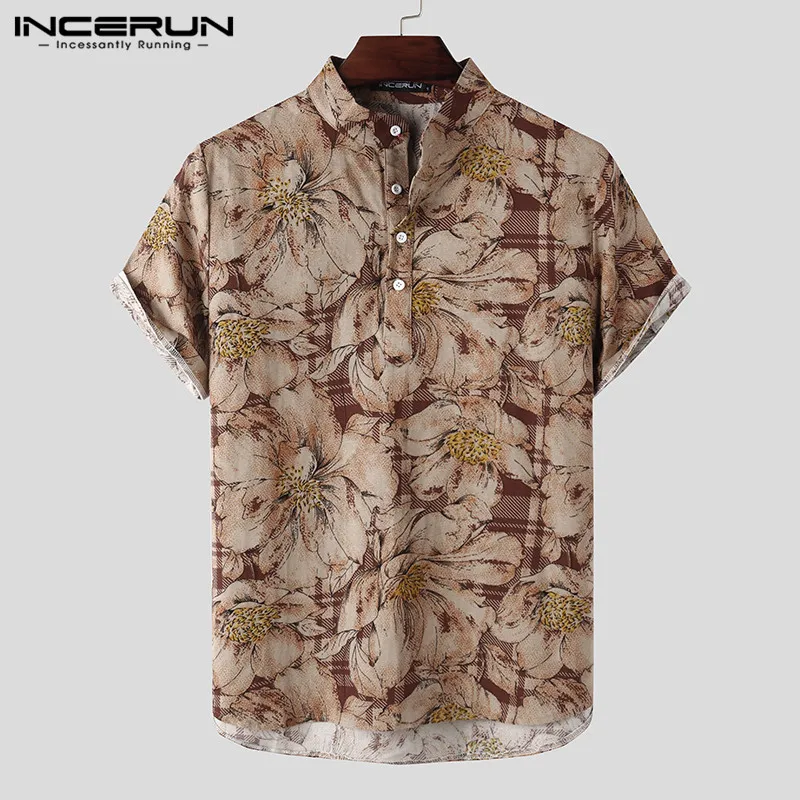 INCERUN Mens Printed Camisa Masculina Summer Hawaiian Blouse Men Vintage Shirts Short Sleeve Lapel Camisa Casual Buttons Blusas