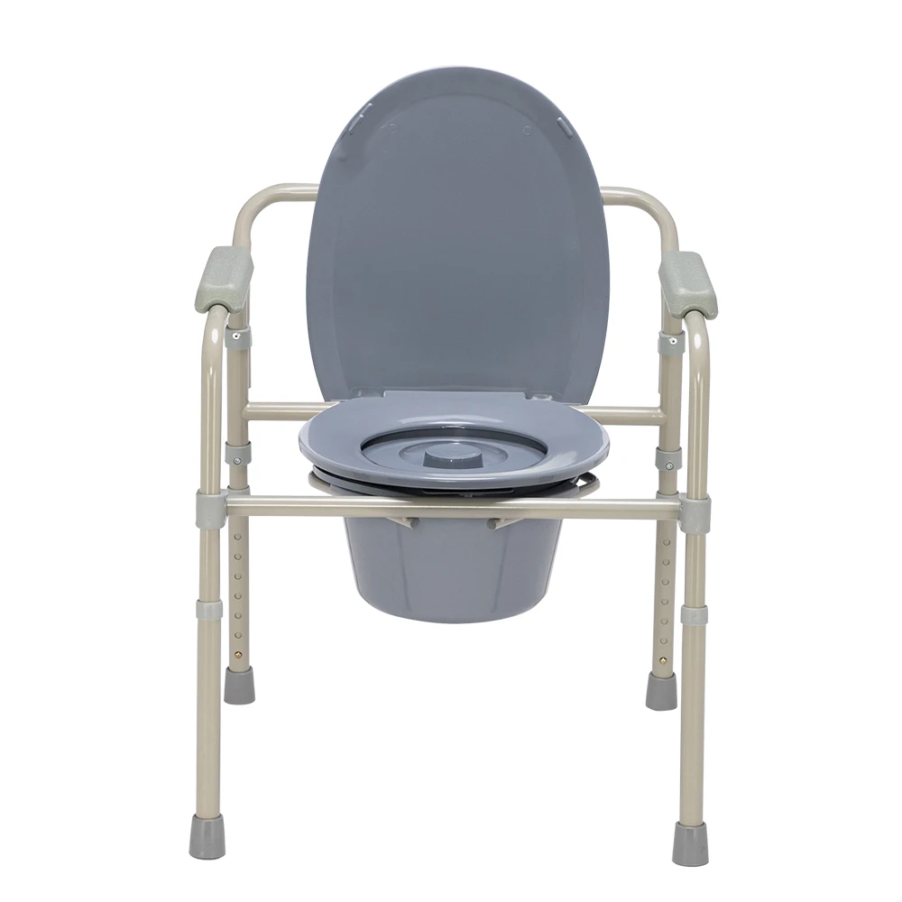 Iron Frame Folding Portable Toilet Seat Commode Height Adjustable Durable Easy to Clean Beige White In Stock
