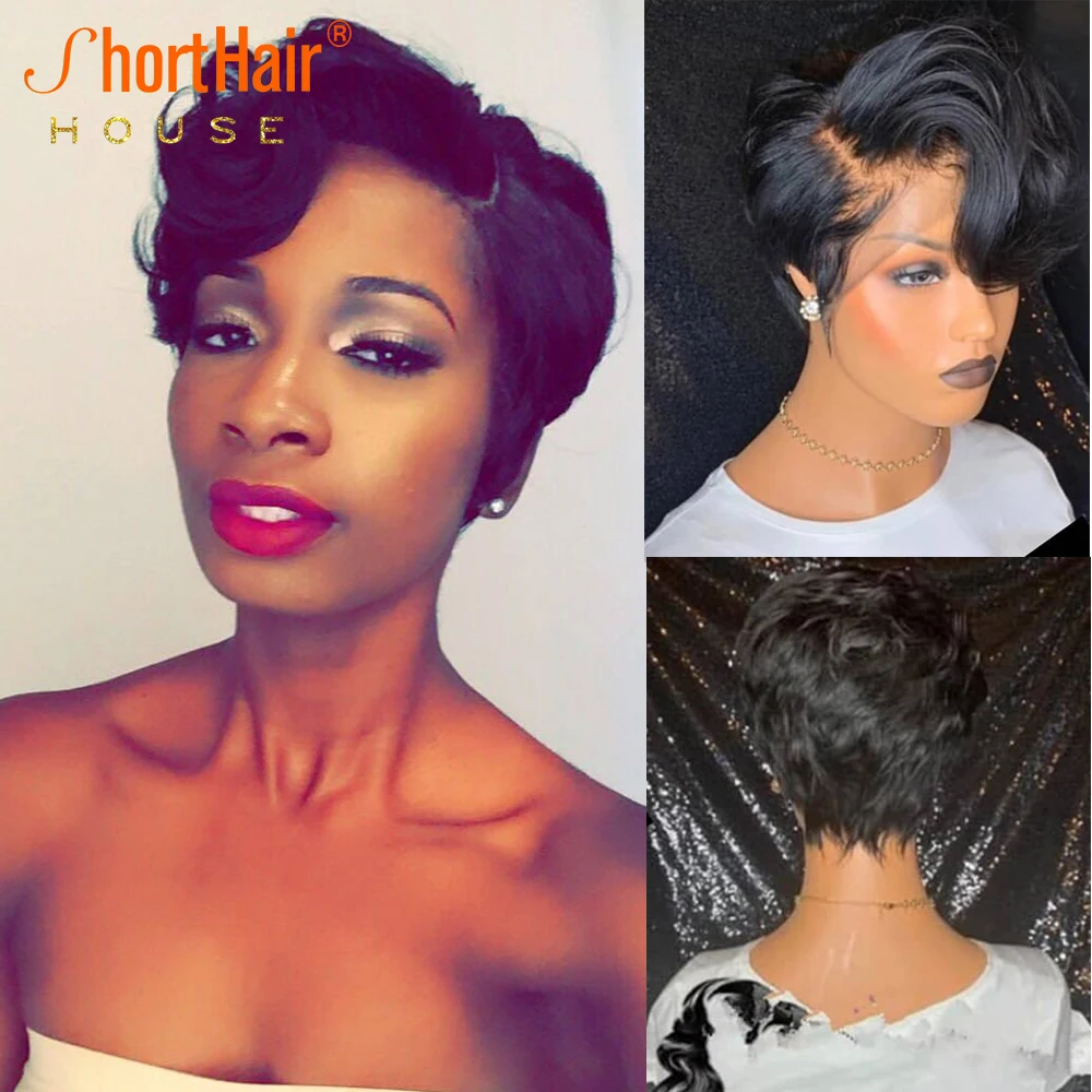 Short Bob Wave Pixie Cut Transparent T Part Lace Wig Human Hair Brazilian Hair Deep Curly Wavy Wig for Black Women Black Color