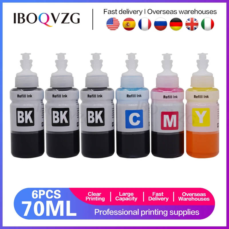 IBOQVZG Printer Dye Ink 70ml Bottle 6 Color T6731 T6732 T6733 T6734 T6735 T6736 For Epson L800 L805 L810 L850 L1800 Cartridge