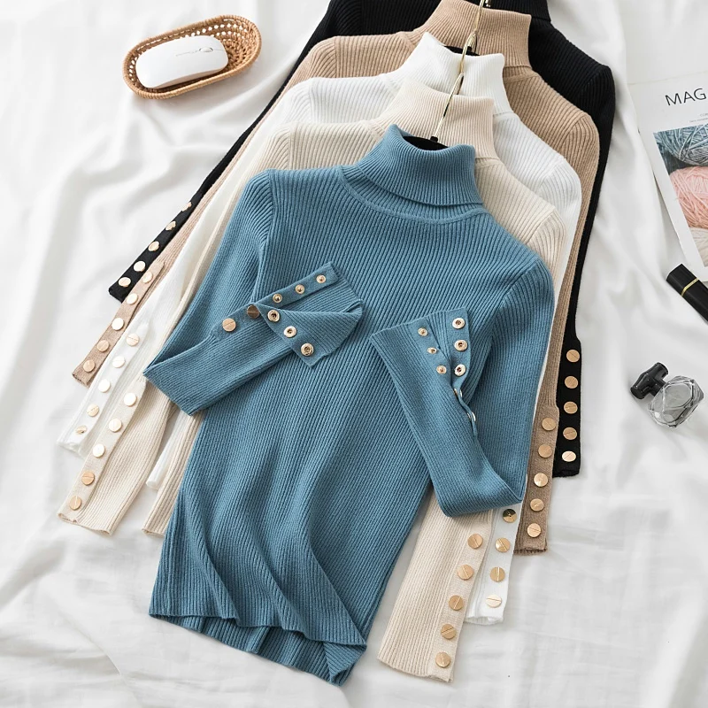 2024 autumn winter women thick sweater pullovers long sleeve button Turtleneck chic Sweater Female Slim knit soft jumper tops