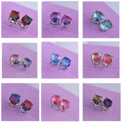 Two-color Synthetic Tourmaline Earrings Women's Oval Red Yellow Blue Gradually Changing Color 925 Silver Needle Stud Earring