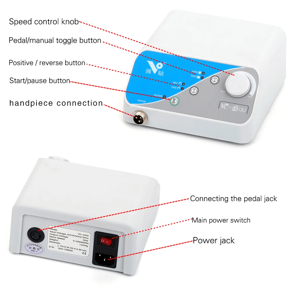 STRONGDRILL YC-A500 Non-Carbon Borstelloos laboratorium Tandheelkundige Micromotor Polijsten nagels handstuk lager geluidsniveau met 2.35mm chuck