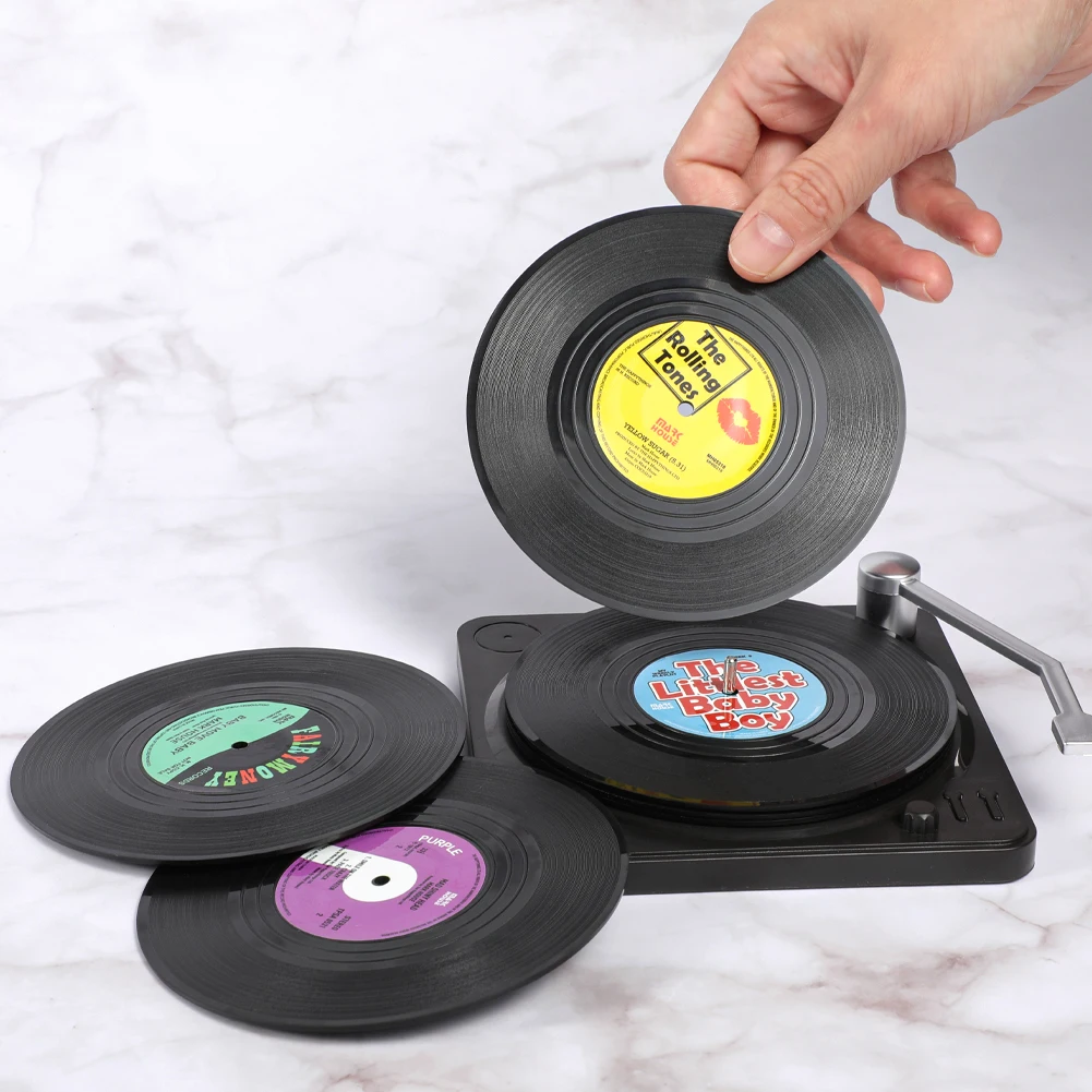 7pcs Retro Record Coasters Cup With Holder Anti-slip Vinyl Disk Coasters Creative Koffie Mok Cup Onderzetters Hittebestendig Pad