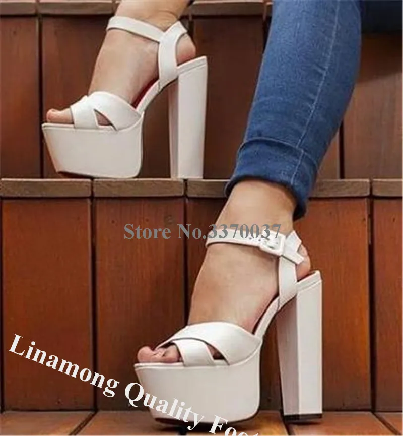 Linamong Sexy Open Toe High Platform Chunky Heel Sandals White Black Blue Ankle Straps Square Buckles Thick High Heel Sandals