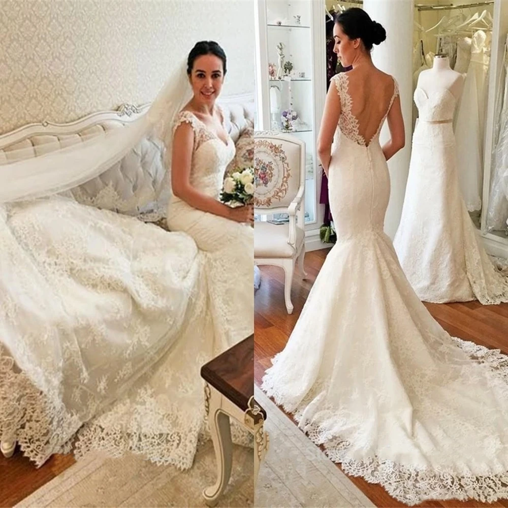 Moderne Spitze Meerjungfrau Hochzeit Kleider Neue Sexy Backless V Neck Sweep Zug Brautkleider Nach Maß Robe de mariee