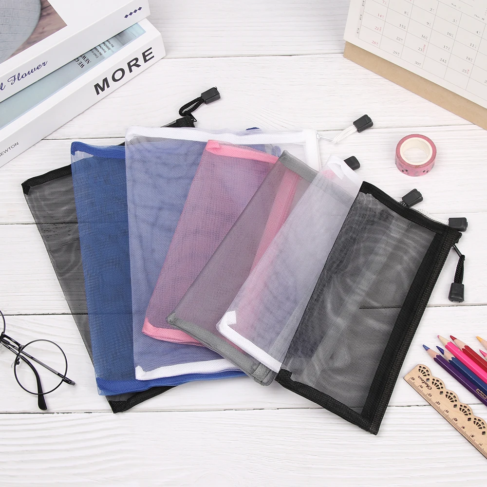 1PC Nylon Mesh Zipper Case Transparent Grid Cosmetic Storage Handbags Coin Purse Solid Color Mesh Pen Bag Home Storage Tools