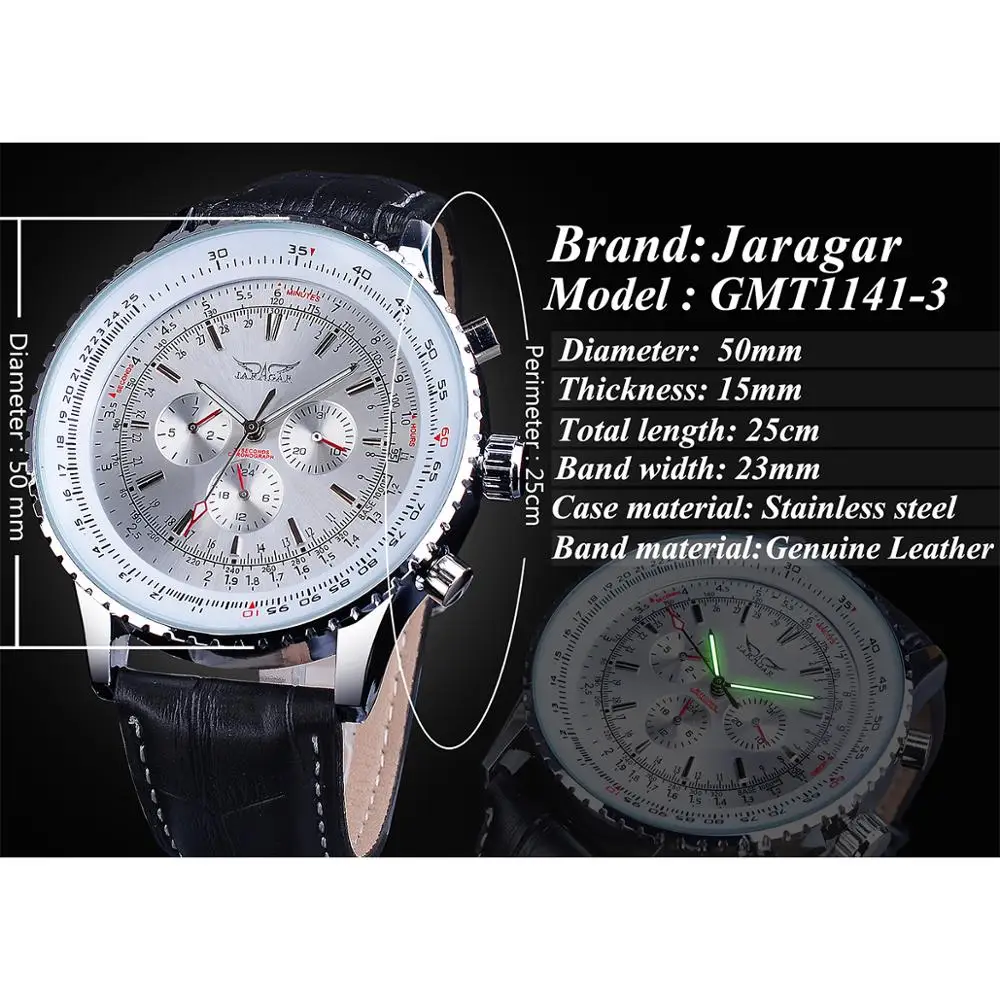 Jaragar White Dial Complete Calendar Mechanical Watch Leather Band Automatic Watch Luminous Hand Date Man Clock Top Brand Luxury