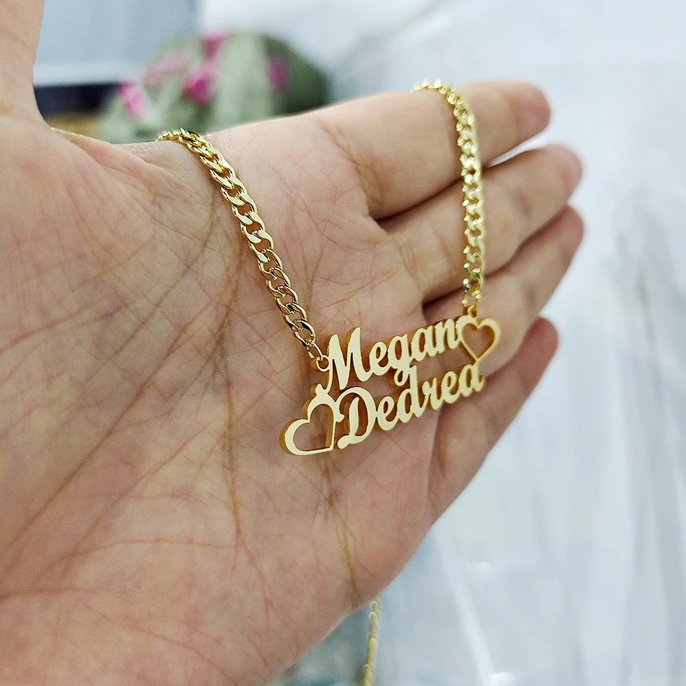 DODOAI Custom Name Necklace with Heart Men Women Personalized Two names Necklace Custom Heart Necklaces Cuban Chain Jewelry Gift