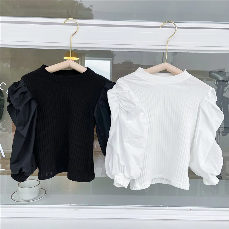 2024 New Arrival Spring Kids Clothes Girls Black/White Cotton Knit Shirts Fashion Puff Sleeve Princess Bottoming Tops For 2-7Yrs