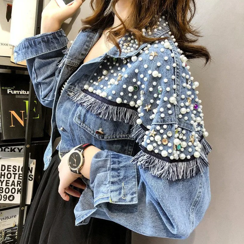 Chaquetas Mujer 2023 Autumn Streetwear Denim Jacket Women Hand-studded Pearls Punk Tassel Veste Femme Loose Short Jeans Coats