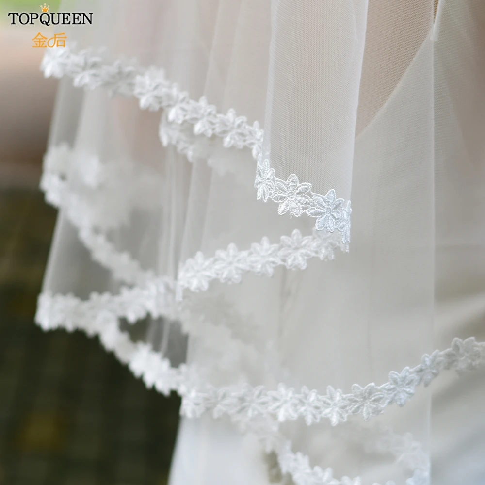 TOPQUEEN V54 Bridal Veils with Thin Scallop Lace Trim Wedding Veil without Comb Short Bridal Veil Wedding Bride Accessories