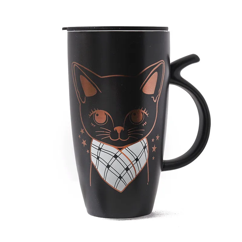 Large Black and White Cat Water Cup, Ceramic, Cute Cat Coffee Mug, Tall Animal Mug with Lid, Couple Cup, 640ml