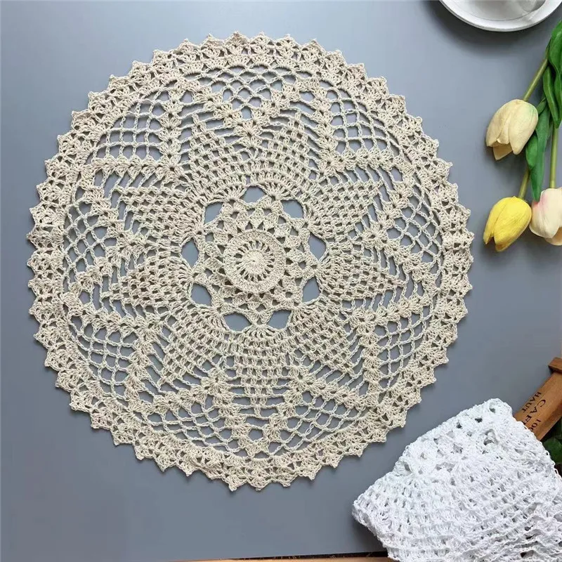 40CM Bulat Mewah Putih Krem Katun Crochet Bunga Renda Taplak Meja Makan Tatakan Kopi Teh Cangkir Tikar Pernikahan Natal Pad