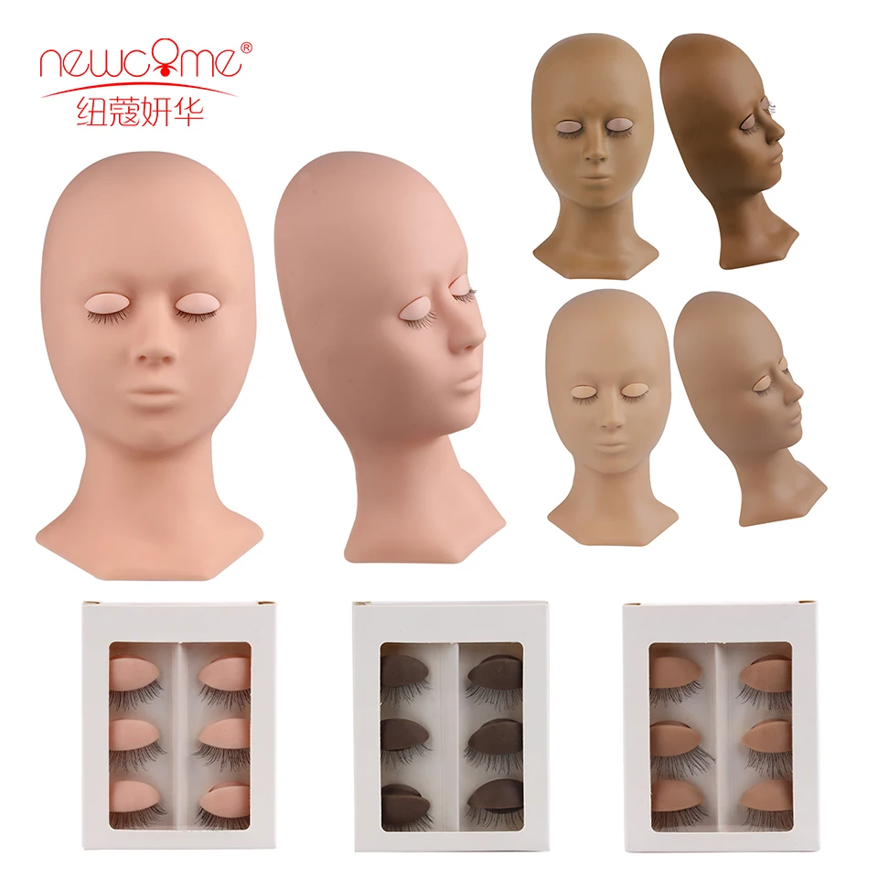 NEWCOME Mannequin Head False Eyelash Extension ฝึกหัวเปลี่ยนซิลิโคนที่ถอดออกได้ Eyelids แต่งหน้าเครื่องมือ