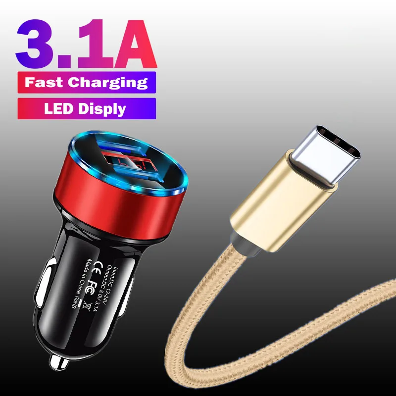 3.1A Car Charger Dual USB C Charging For Huawei P20 P30 P40 Lite Honor 9A 9C 9S 10 Samsung S20 A52 A72 Nylon Braided Data Cable