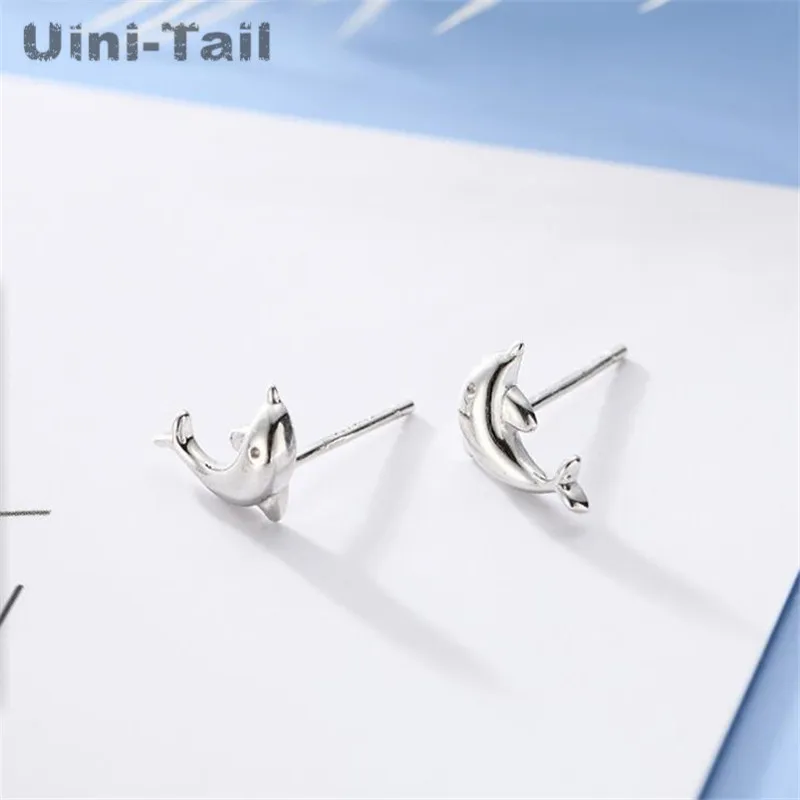 Uini-Tail Hot New 925 Tibetan silver Korean Small Fresh Glossy Dolphin Ear Studs Cute Sweet Fashion Sea Animal Ear Jewelry ED003