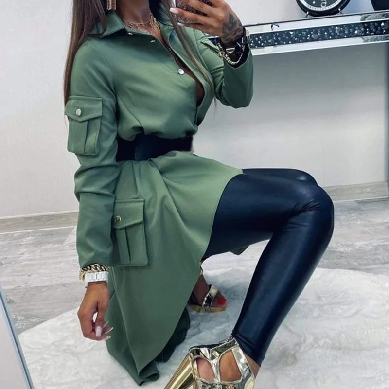 

2022 Spring Vintage Ladies Solid Party Dress Women Casual Turn-Down Collar Buttons Irregular Dress Streetwear Pocket Femme Dress