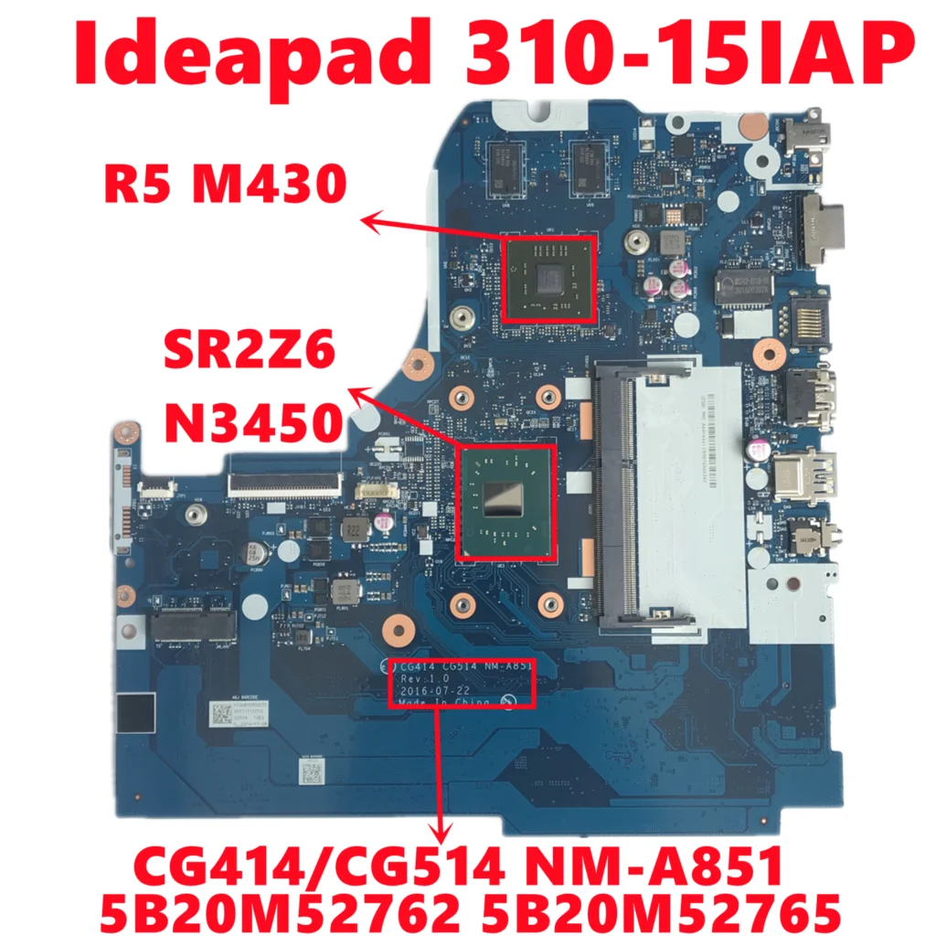 Fru: 5b20m52762 5b20m52765 para lenovo ideapad 310-15iap portátil placa-mãe cg414/cg514 NM-A851 com n3450 216-0867071 totalmente teste