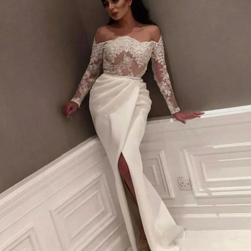 

Saudi Arabic Lace Evening Dresses Off The Shoulder Long Sleeve See Through Evening Gowns Appliqued Dubai Kaftan Prom Party Dress