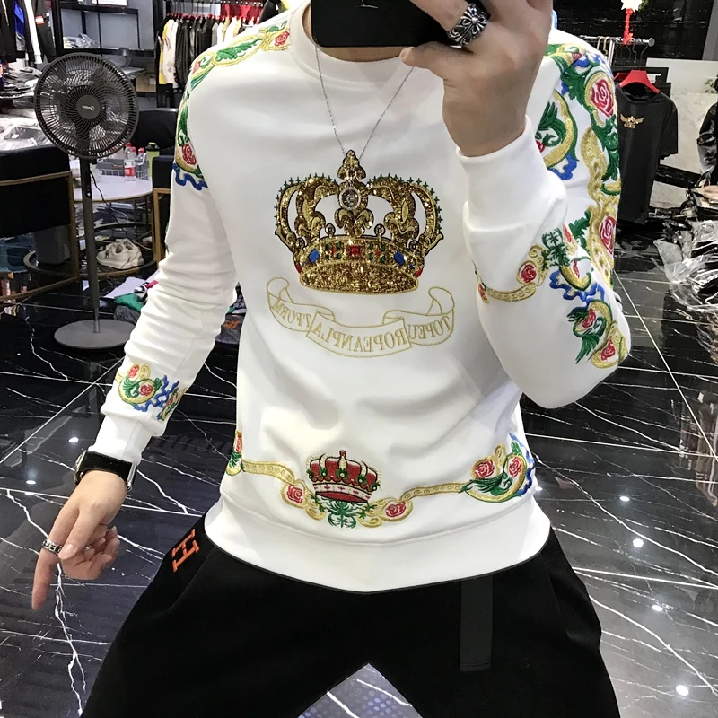 Luxury Gold Black Embroidery Sequin Crown Sweatshirts Men Sudadera Hombre Baroque Club Outwear Sweat Homme Harajuku Sweatshirt