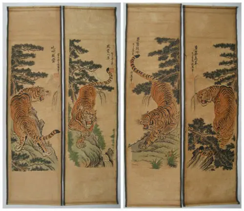 

Old Chinese calligraphy scroll painting Hand Painted 4 Tiger painting