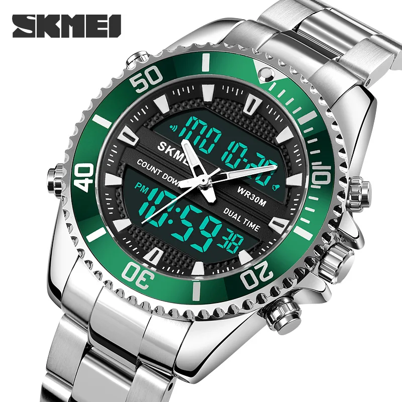 

SKMEI Watch for Man Luxury 3Time Stainless Steel Fashion Quartz Digital Watches Countdown Stopwatch Luminous Wristwatch Original