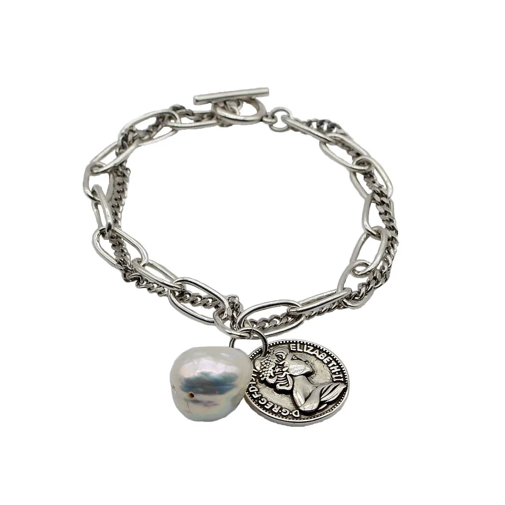 2022 New Bracelet Natural Freshwater Pearl 925 Silver Bracelet Large Baroque Pearl Vintage Silver Coin Pendant Ladies Bracelet