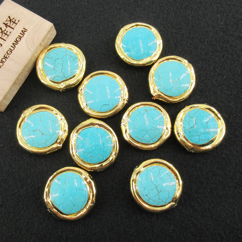 5 PCS Blue Turquoise Coin Shape 24mm Beads Metal Bezel Connector